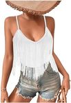 SweatyRocks Women's Fringe Sleeveless Boho Tassel Tank Top Slim Fit Cami Summer Tops White Small