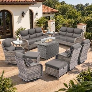 Opohoro Luxury 6" Thick Cushion 11 Pieces Wicker Patio Furniture Set with 41”Fire Table, Outdoor Conversation Set with Swivel Rocker Chairs Set of 4 and Patio Couch for Deck Porch Yard and Poolside