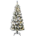 DORTALA Pre-lit Christmas Tree, 5FT Snow Flocked Pine Artificial Xmas Tree with Remote Control, 279 Branch Tips, 140 LED Lights, 9 Lighting Modes, Foldable Metal Stand, White