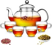 Kyraton 1000ml Glass Teapot with Removable Infuser & Blooming and Loose Leaf Tea Maker and 4 Glass Teacups Set, Stovetop & Microwave Safe Tea Kettle.