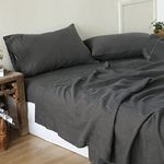 Simple&Opulence 100% Pure French Linen Sheet Set with Embroidery, Washed Natural Flax Bedding Set Cooling Soft, Deep Pocket Fitted Sheet & Pillowcase, All-Season Breathable Bed Sheets, Dark Grey Queen