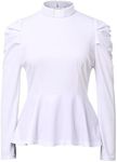 Women's Elegant Slim Fit Long Sleeve Ruffle Hem Stand-Up Collar Blouse Shirt Plain Tops Casual Work Tops, White, M