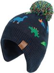 Malaxlx Kids Colorful Dinosaur Pom Pom Beanie Hat Winter Warm Child Knitted Earflap Hat Fleece Lined Ski Skull Cap for 4-8 Years Boys Girls