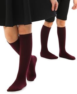 Hugh Ugoli Knee High Cotton Socks for Kids Girls Boys & Toddlers, Long School Uniform Socks, Soft & Comfortable,Burgundy, 7-8 Years Old, 4 Pairs