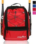 Athletico Youth Baseball Bat Bag - Backpack for Baseball, T-Ball & Softball Equipment & Gear for Kids & Youth | Holds Bat, Helmet, Glove | Fence Hook (Red)