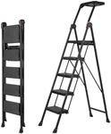 XinSunho 5 Step Ladder, Foldable Handrail & Tool Tray Stool Ladders with Anti-Slip Wide Pedal, 660 lbs Sturdy Steel Ladder for Home Kitchen and Outdoor, Black