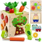 Baby Early Development Activity Games Wooden Cube Toys for 1 2 3 Year Old Girls Boys Present, 5 in 1 Toddler Learning Toys - Shape Sorter, Tool Kit, Clothing Puzzles, Carrot Harvest, Catching Worm