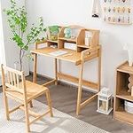 COSTWAY Bamboo Kids Desk and Chair Set, Height Adjustable Children Study Table and Chair with Bookshelves, School Students Workstation for Studying, Reading and Drawing