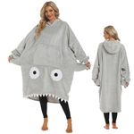 Shark Wearable Hoodie Blanket with Sleeves Funny Animal Flannel Hooded Blanket Sweatshirt Gift for Adult Teens Shark Lovers, Grey