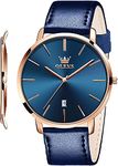 OLEVS Mens Wrist Watches Ultra Thin 6.5mm Minimalist Leather Blue Dial Watch Business Dress Waterproof Date Slim Watches for Men