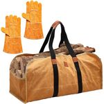 Buryeah 2 Pcs Firewood Carrier Tote and Welding Gloves Waxed Canvas Log Carrier with Handle Fireproof Heat Resistant Leather Animal Handling Glove Fireplace Wood Holder Tote Bag for BBQ Stove Fire Pit