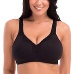 Delimira Women's Cotton Full Coverage Wirefree Non-Padded Lace Trim Plus Size Bra Black 36 B