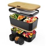 Umami Bento Box Adult All-in-1 w/ 4 Utensils, 100% Leakproof, Dishwasher & Microwave Safe Lunch Containers for Adults w/ 4 Compartments, Black & Tan, 1500 ml