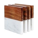 Marble Coasters for Drinks Set- Square 1/2 Wood & 1/2 Marble Drink Coasters. Absorbent Coaster Set of 4. Wood Coasters for Table or Bar