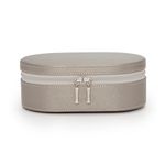 WOLF Heritage Oval Zip Case, Pewter Saffiano - Two Compartments & Two Necklace Holders - Includes Travel Case