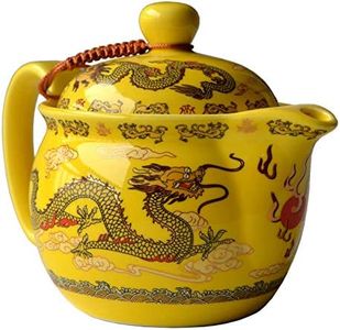Teapot 12oz Chinese King Yellow Porcelain Flying Two Dragon Game Bead Sea Stainless Mash Infuser for Loose Tea (Yellow Golden dragon)