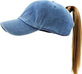 Classic Plain Ponytail Messy High Bun Headwear Adjustable Cotton Trucker Mesh Glitter Hat Baseball Cap, Medium Denim Classic, One Size