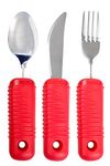 3 Piece Super Easy Grip Red Flatware Set - Bendable Built Up Large Fork, Knife, and Spoon - Red