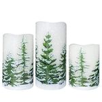 Eldnacele Green Tree Christmas Flameless Flickering Candles with 6H Timer, Battery Operated LED Candles Real Wax Decals Pack 3 Pillars Candles Gift Set 3 x 4/5/6 Inches