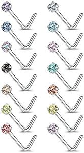 8-14PCS 20g Tiny Nose Stud Ring Piercing Surgical Steel Nose Bone/L Shaped/Nose Screws Rings Set (14pcs L Shaped Style(Mixed Color))