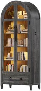 HNEBC Book Shelf with LED Lights, Arched Display Case with Storage Cabinet, Smart File Cabinet with Glass Door, Curio Cabinet with Solid Wood Legs for Home Office/Bedroom Furnniture-Brown