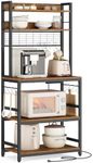 VASAGLE Hutch Bakers Rack with Power Outlet, 14 Hooks Microwave Stand, Adjustable Coffee Bar with Metal Wire Panel, Kitchen Storage Shelf, 15.7 x 23.6 x 66.9 Inches, Rustic Brown and Black UKKS037B01