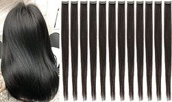 12 PCS Colored Clip in Hair Extensions,22 Inch Straight Party Highlights Clip on Synthetic Hair Extension for Girls Synthetic Clip in Long Hair Accessories for Women (Black)