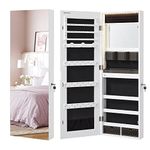 SONGMICS JJC013W01 Wall Mounted Jewelry Cabinet Organizer with LED Lights Storage Cabinet with Frameless Mirror, Built-in Makeup Mirror, 2 Drawers, Lockable, White