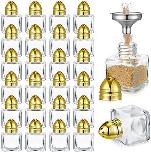 Uiifan 24 Pcs 0.5 oz Cube Shape Small Salt and Pepper Shakers with Tone Tops Clear Mini Glass Seasoning Jars Spice Salt Shakers with Funnel for Wedding Party Home Restaurant Kitchen (Gold)