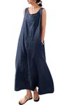 chouyatou Women's Summer Casual Sleeveless Cotton Sun Dress Maxi Tunic Tank Beach Dress with Pocket, Navy Blue, X-Small