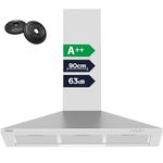 CIARRA 90cm Wall-Mounted Cooker Hoods 900mm 406m³/h CBCS9201 with Carbon Filters LED Light Stainless Steel Chimney Vent Hood Recirculating&Ducting Kitchen Ventilation Extractor Fan