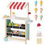 Maxmass Pretend Play Ice Cream Cart, Kids Dessert Shop Trolley with 6 Pcs Play Toy, Bell, Produce Scale & Chalkboard and 2 Wheels, Wooden Children Grocery Store for 3+ Year Old (Red Canopy)