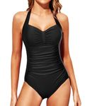 Tempt Me Women Black Tummy Control One Piece Swimsuits Halter Vintage Slimming Bathing Suits L