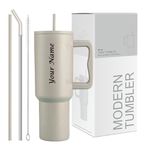 KRIVAZ Stainless Steel Insulated Tumbler with Lid & Straw, 100% Leakproof Double Wall Tumblers with Handle, Hot & Cold Drink Sipper for Office,Gym & Outdoors 1200ml Tumbler (Cream Personalized)