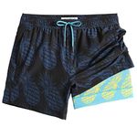 MaaMgic Mens 2 in 1 Swimming Shorts 4 Way Stretch Trunks 5.5" Swimwear Quick Dry Bathing Suits,Pineapple Black,Medium