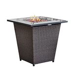 Teamson Home Square Outdoor Propane Fire Pit Table, Rattan Wicker Base, Tempered Glass Fire Pit Tabletop with Lava Rock, Espresso Brown