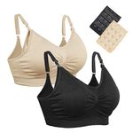 Aigori Nursing Bras Pack of 2, Seamless Wirefree Maternity Bra for Motherhood Pregnancy Breastfeeding Sleeping with Extenders L Black +Beige