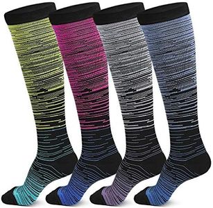 4-Pairs Compression Socks, Women&Men Sports Knee High Socks for Running, Hiking, Tennis, Cricket, Nursing, 20-30mmhg (Fit US size 7-12)