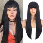 Osen Black 22 Inch Synthetic Natural Look Long Straight Hair Wig with Bang for Women and Girls with Wig Cap (2Piece), 1 carry pouch