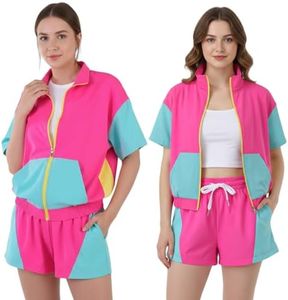 ZhouBoat Women's 80s 90s Color Block Outfit 2 Piece Short Sleeve Windbreaker Tracksuit Set Costume Zip Up Pink S