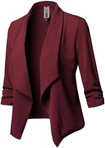 Awesome21 Solid Stretch 3/4 Gathered Sleeve Open Blazer Jacket Burgundy Size L