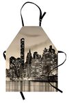 ABAKUHAUS New York Apron, Manhattan Skyline at Night East River Panoramic Famous City Urban Life in USA, Unisex Kitchen Bib Apron with Adjustable Neck for Cooking Baking Gardening, Sepia Black