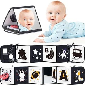 Infinno Black & White Baby Toys High Contrast Crinkle Cloth Activity Book, Infant Mirror Toys for Baby 0-6 Months, Newborn Sensory Tummy Time Toys for Infants, Baby Development Essential