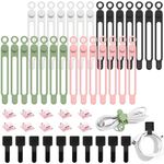 48Pcs Cord Organizer Kit, Reusable Elastic Silicone Cable Ties, Strong Adhesive Cable Clips for Cable Management, Multipurpose Wire Management Kit for Bundling and Fastening Various Wires