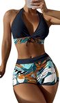 Women’s Two Piece Swimsuit Trendy Halter Bikini Set Vintage Floral Print Bathing Suit Elastic Waist Boyshorts Beachwear for Beach M