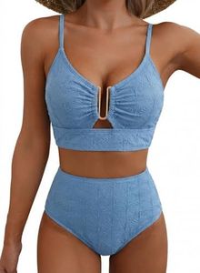 Herseas Womens High Waisted Seashell Textured Bikini Sets Ribbed 2 Piece V Neck Sexy Bathing Suit U-Wired Push Up Top Casual Swimsuits Teen Girls Elegant Beach Vacation Clothes Blue Small