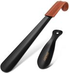 NINEMAX Metal Shoe Horn Long Handle - 16.5" Leather Handle Long Shoehorn and 7.5" Travel Shoe Horns Set for Wear Shoes (2 Pcs)