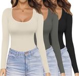 Ekouaer Womens 3 Pack Long Sleeve Shirts Scoop Neck Tops Stretch Fitted Undershirt Lightweight Basic Thermal Tee Black/Darkgrey/Beige M