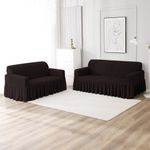 HOKIPO Elastic 3 Seater & 2 Seater Turkish Bubble 280 GSM Frill Sofa Cover, Dark Chocolate (AR-4603-B9 + AR-4604-B9)