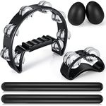 Yeshone 6 Pcs Tambourines for Adults, Hand Held Half Moon Tambourine Foot Tambourine with Bells Wood Rhythm Sticks Egg Shakers Musical Hand Percussion Instrument Set for Party Music Supplies (Black)